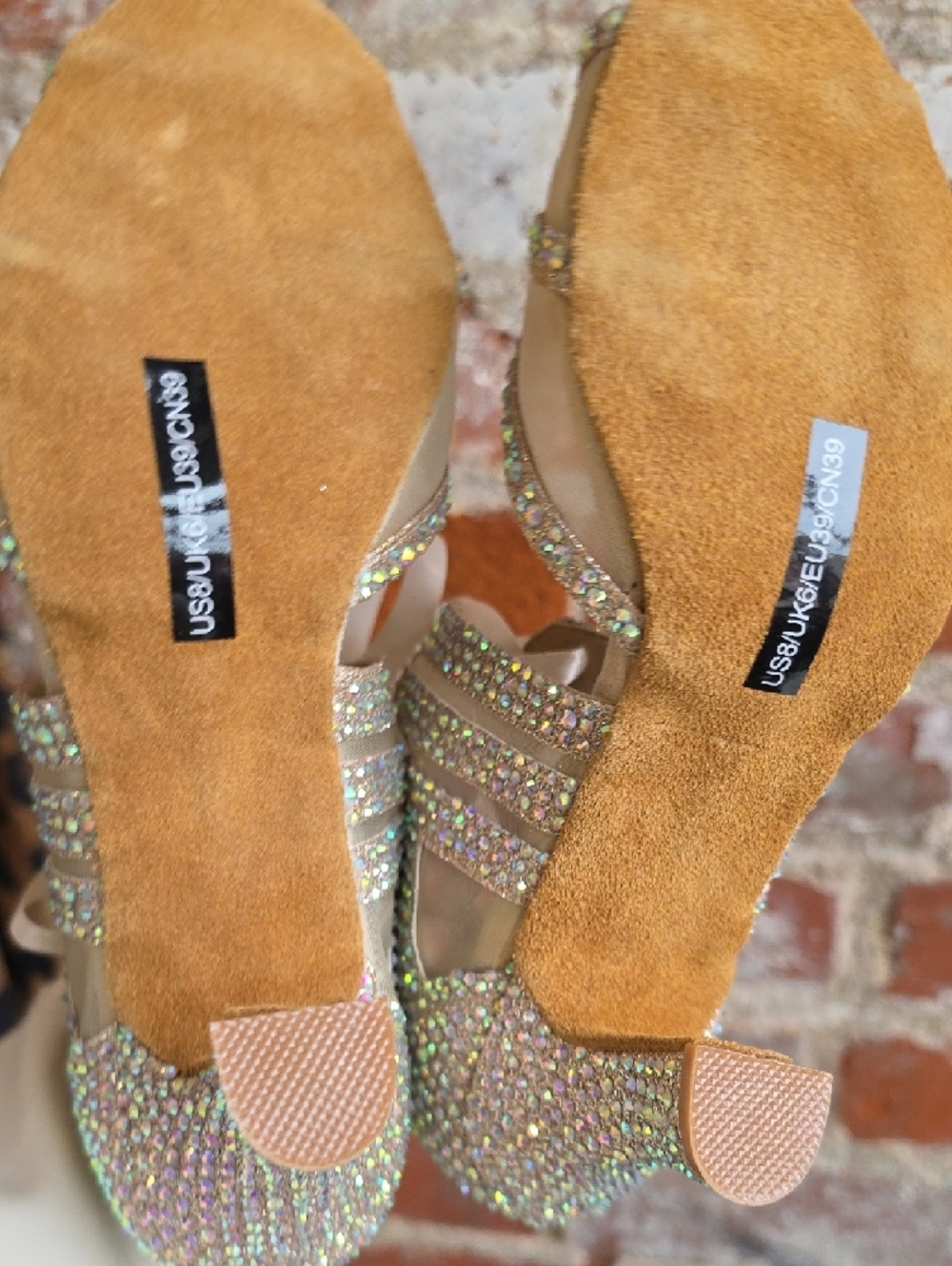 Iridescent Champagne Crystal Dance Heels with Ribbon Tie - Picture 7 of 8